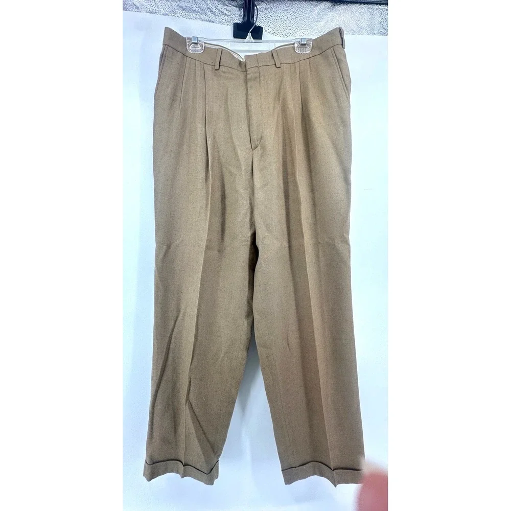 Mens Pleated Linen Blend Dress Pants Khaki Tan Cuffed Trousers 38x30 Teflon